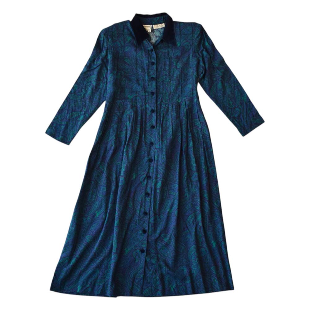 VTG 90s Karin Stevens Paisley Midi Dress Velvet Collar Button Front Petite 4